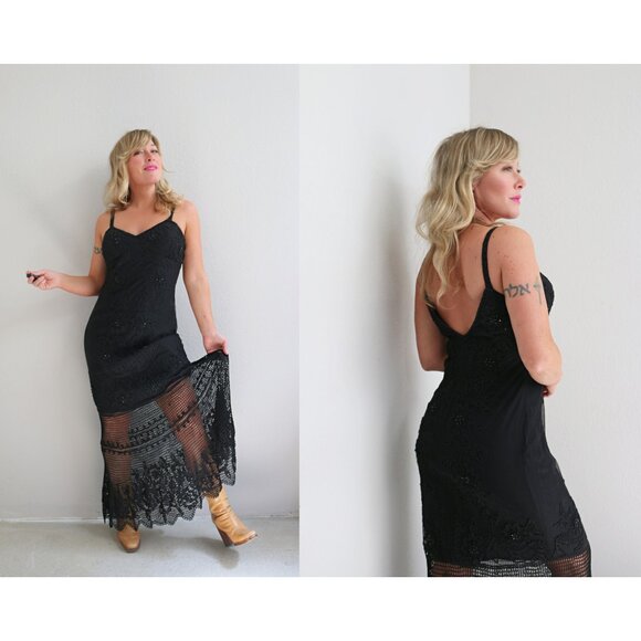 1990's Vintage Cache Black Fringe Cocktail Dress ~ Women's Small to Medium SM MD - Picture 1 of 10